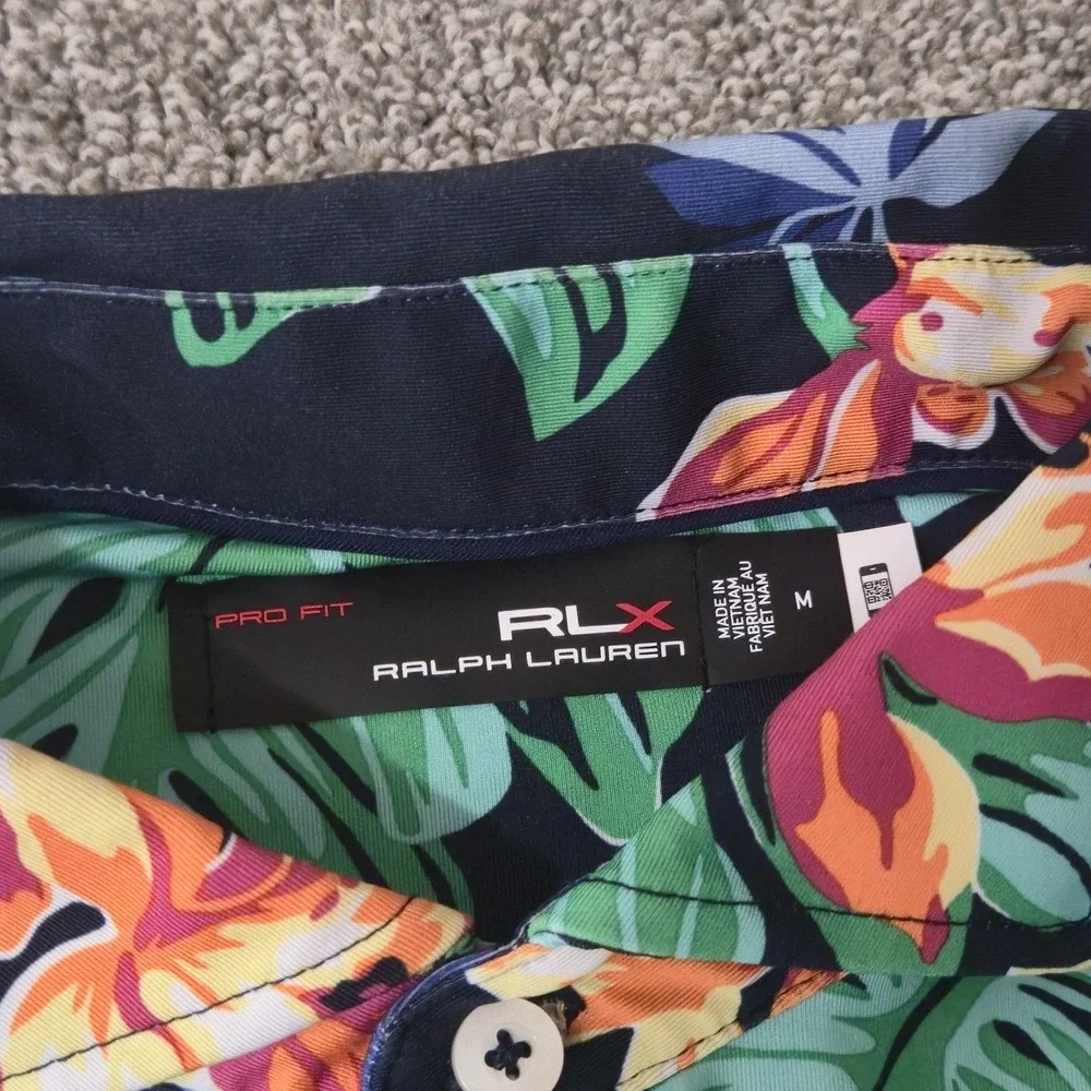 Ralph Lauren RLX Polo Shirt Mens Medium Floral Blue Pro Fit Performance Golf